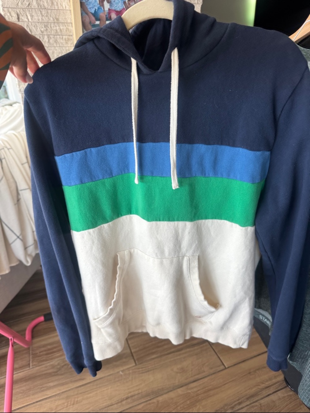 Marine Layer Navy Blue Green Cream Striped Pullover Hoodie